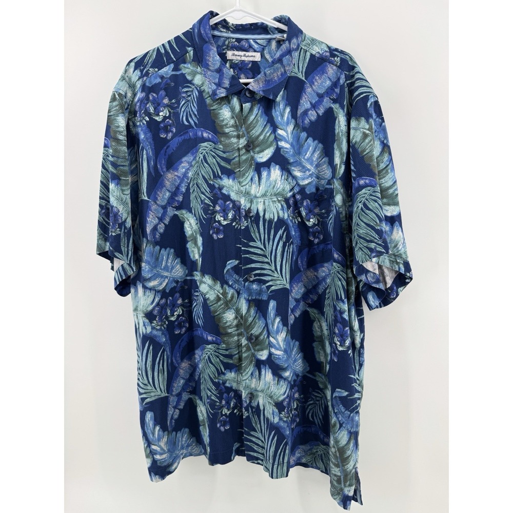 Tommy Bahama Mens 100% Silk Blue Hawaiian Button-Up Shirt Size XXL Travel Beachy